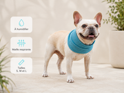 Bandana tubulaire rafraîchissant bleu avec ses caractéristiques en français : à humidifier, maille respirante et tailles S, M et L