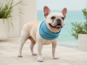 Bouledogue français portant le bandana tubulaire rafraîchissant bleu, vue de face