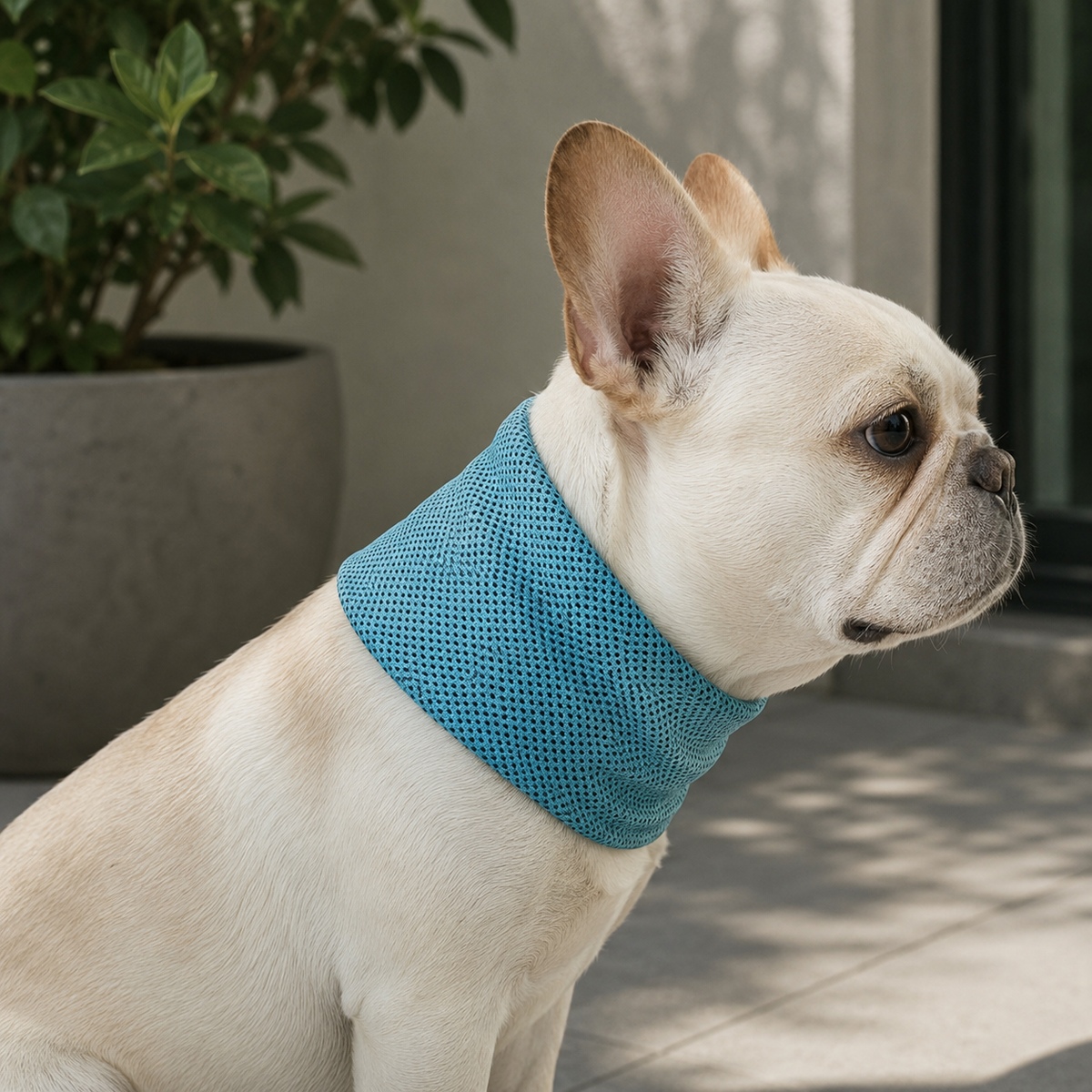 Chien portant le bandana tubulaire bleu fidèle au modèle