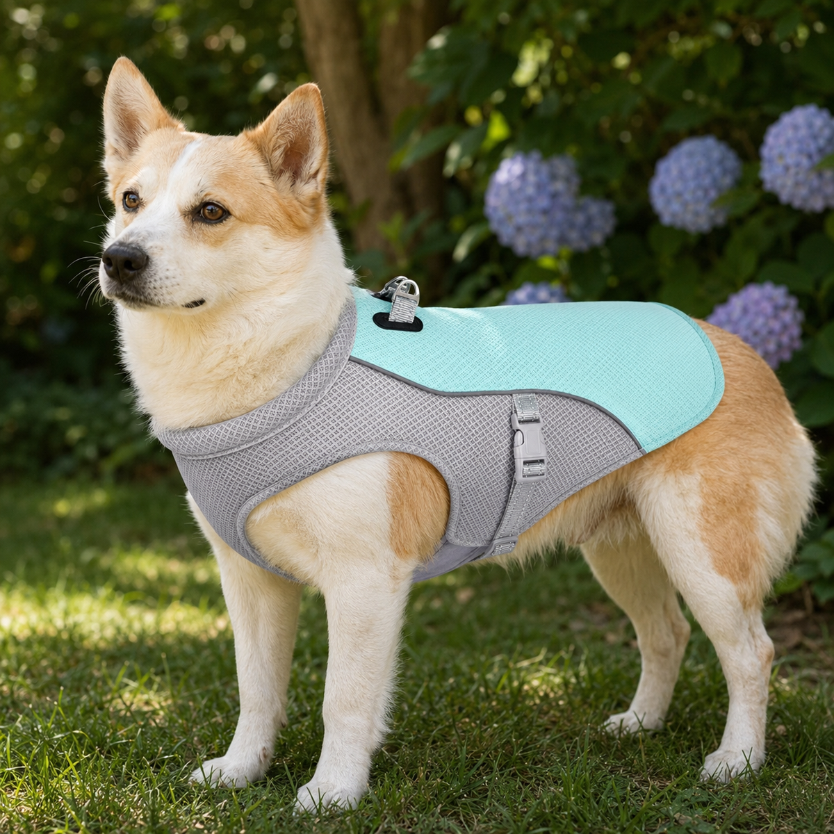 Chien portant le gilet rafraîchissant menthe et gris fidèle au modèle