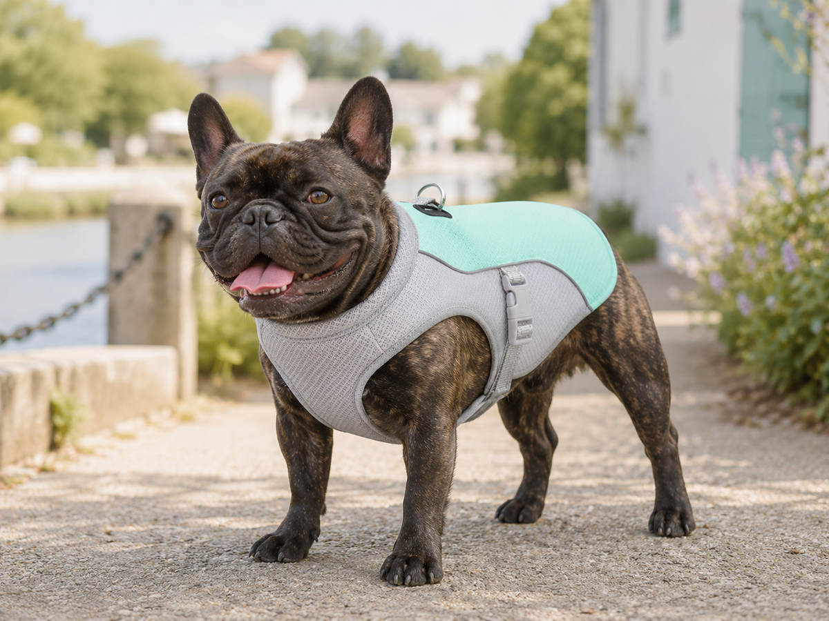 Bouledogue français portant le gilet rafraîchissant menthe et gris, vue de face