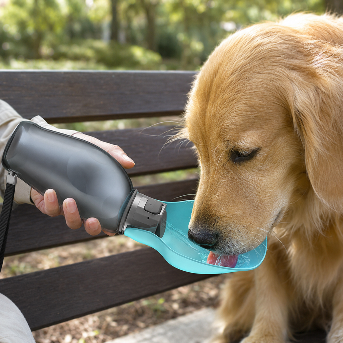 Chien buvant dans la gourde 800 ml turquoise et grise fidèle au modèle