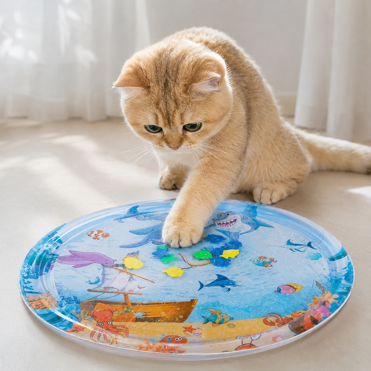 Chat jouant sur le tapis sensoriel à eau monde marin fidèle au modèle