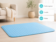 Tapis Fraîcheur IceSilk bleu avec ses caractéristiques en français : textile respirant, lavable et pliable