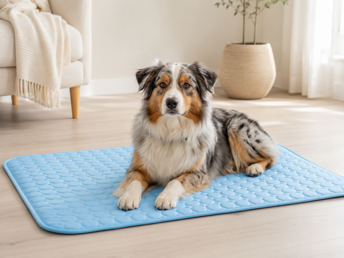 Chien couché sur le tapis Fraîcheur IceSilk bleu dans un intérieur lumineux