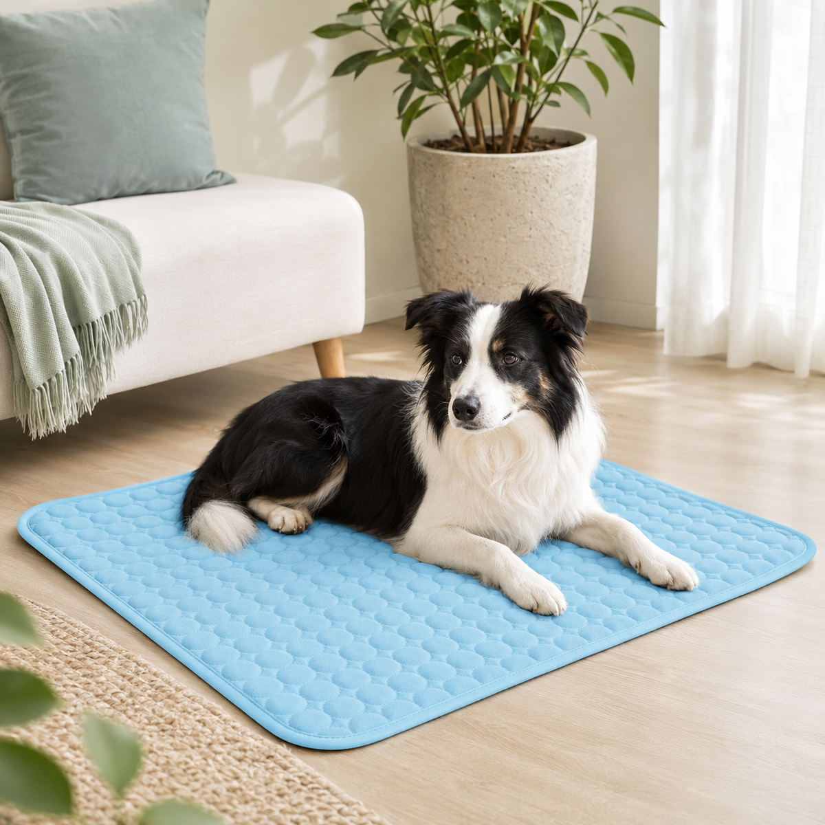 Chien couché sur le tapis Fraîcheur IceSilk bleu fidèle au modèle